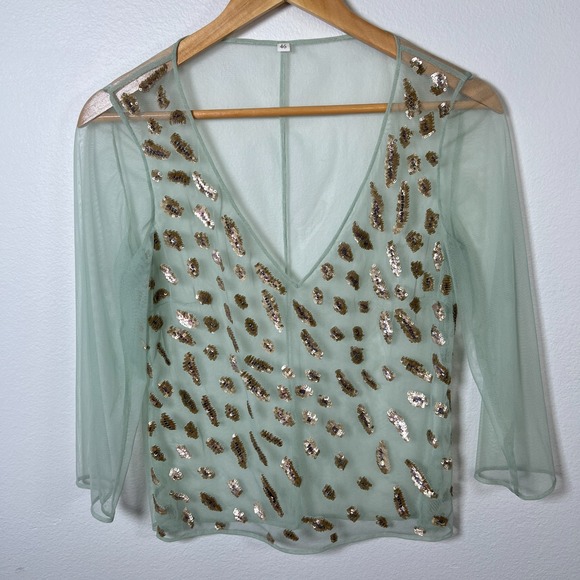 Unbranded Womens Sheer Mesh Top Sz M Deep V Sequin Coquette Glam Fairy Pastel - Picture 1 of 9